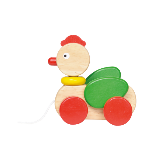 A colorful wooden toy resembling a rooster with wheels and a pull-string.