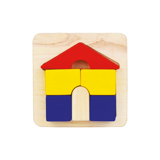 A wooden house-shaped tray puzzle with red, yellow, and blue pieces.