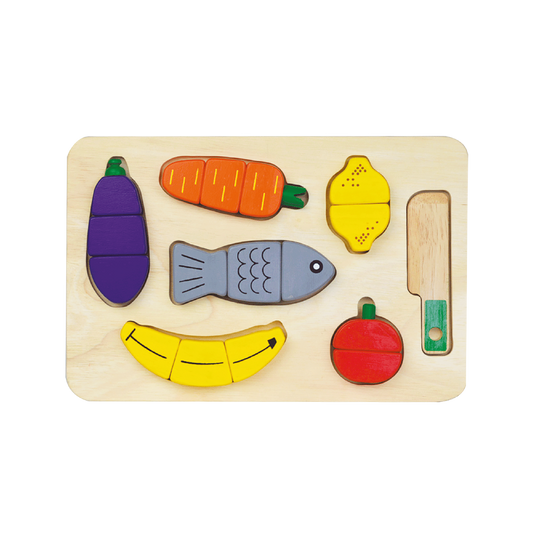 A wooden shape sorting toy with colorful fruit and vegetable pieces, and a pretend knife.
