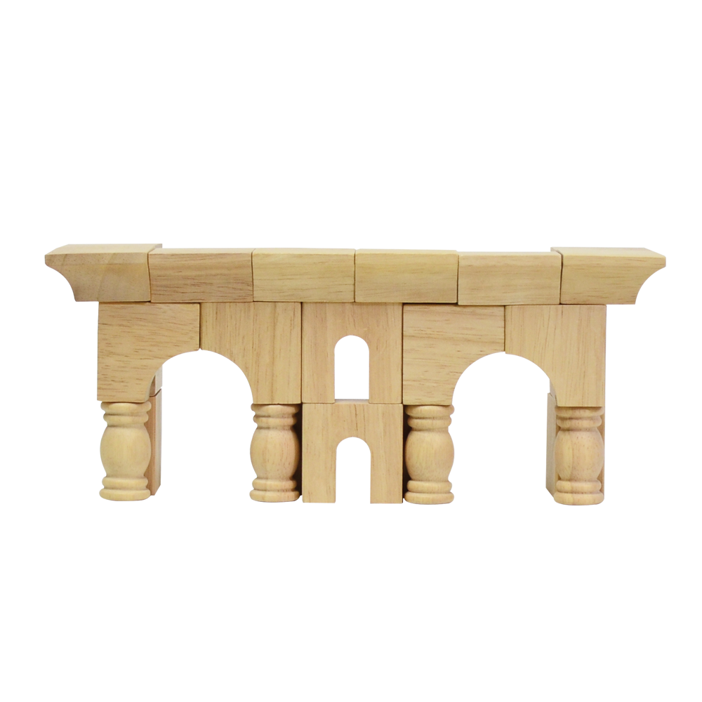Wooden block construction toy resembling a small mosque with arches and minarets.