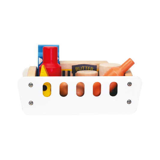 A wooden crate toy filled with various toy food items like yogurt, milk, cheese, butter, eggs, and juice boxes.