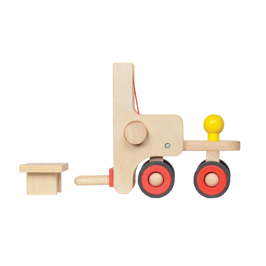 A wooden toy forklift truck with rubber wheels, featuring red and black accents and a yellow handle.