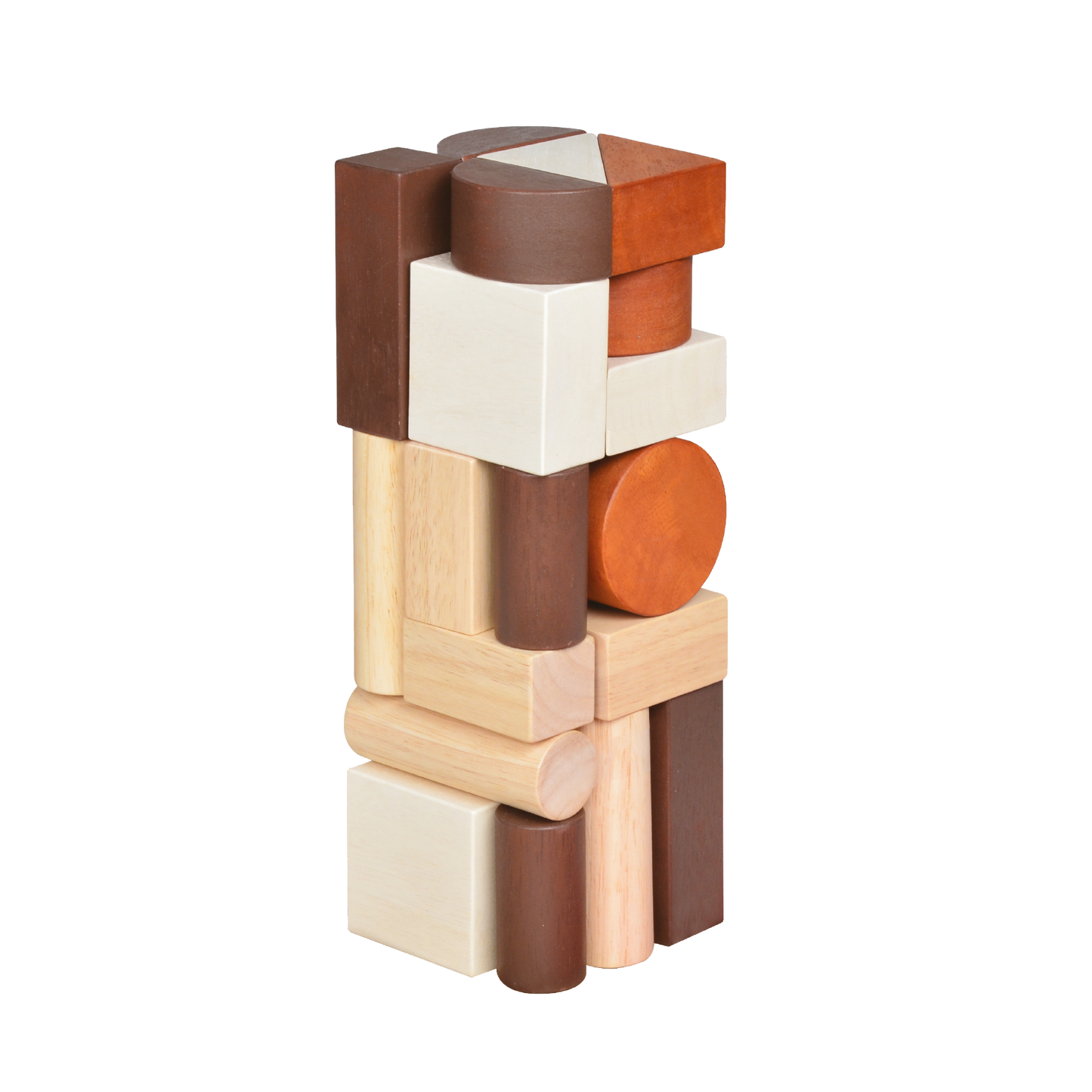 A wooden block tower with various shaped blocks including cubes and cylinders, stacked to form a structure.