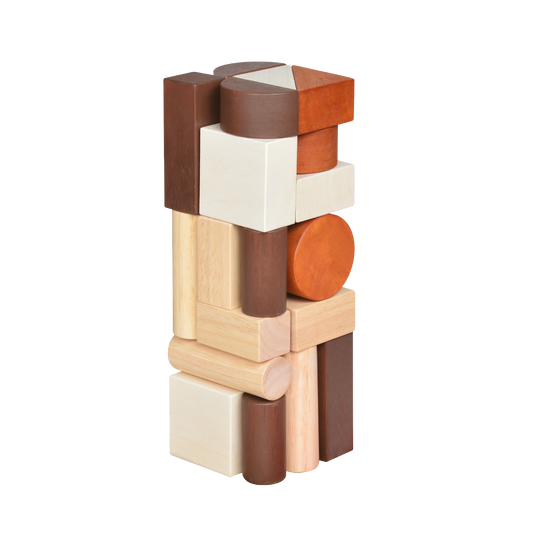 A wooden block tower with various shaped blocks including cubes and cylinders, stacked to form a structure.