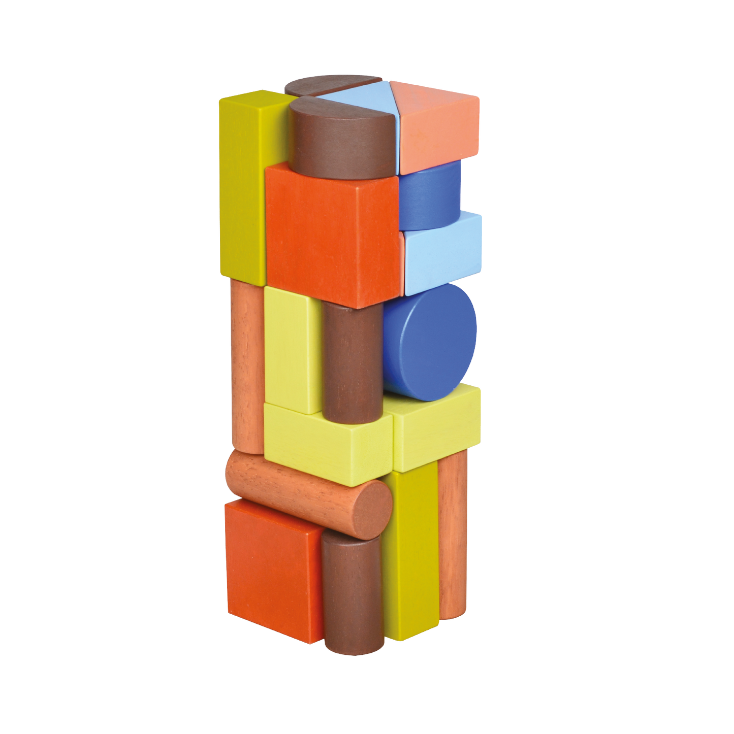 A colorful wooden block tower with various shapes including cubes, triangles, and cylinders.