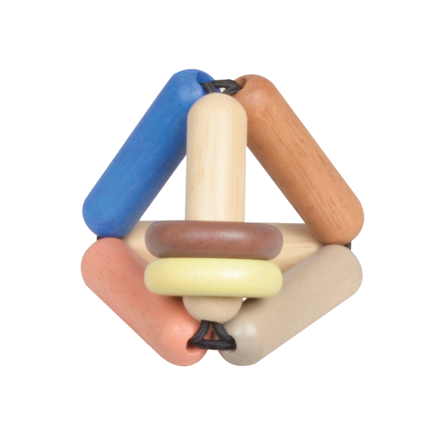 A multicolored baby rattle toy with a geometric shape and a ring design.