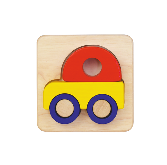 A wooden car tray puzzle with large block pieces in red, yellow, and blue colors on a light wooden tray.