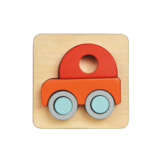 A wooden car tray puzzle with large block pieces in red, blue, and orange colors designed for young children.