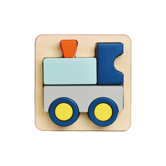 A colorful wooden train tray puzzle with large block pieces in blue, red, and yellow.