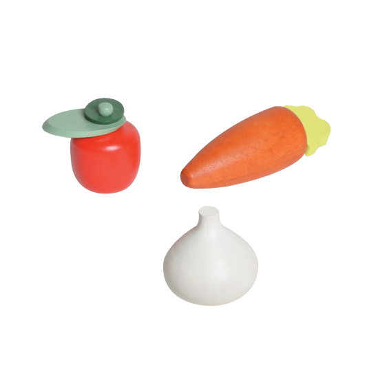Wooden drum toy with green rim and vegetable-themed beads shaped like apple, carrot, and garlic. Helps children explore rhythm, differentiate sounds, and develop hand coordination.