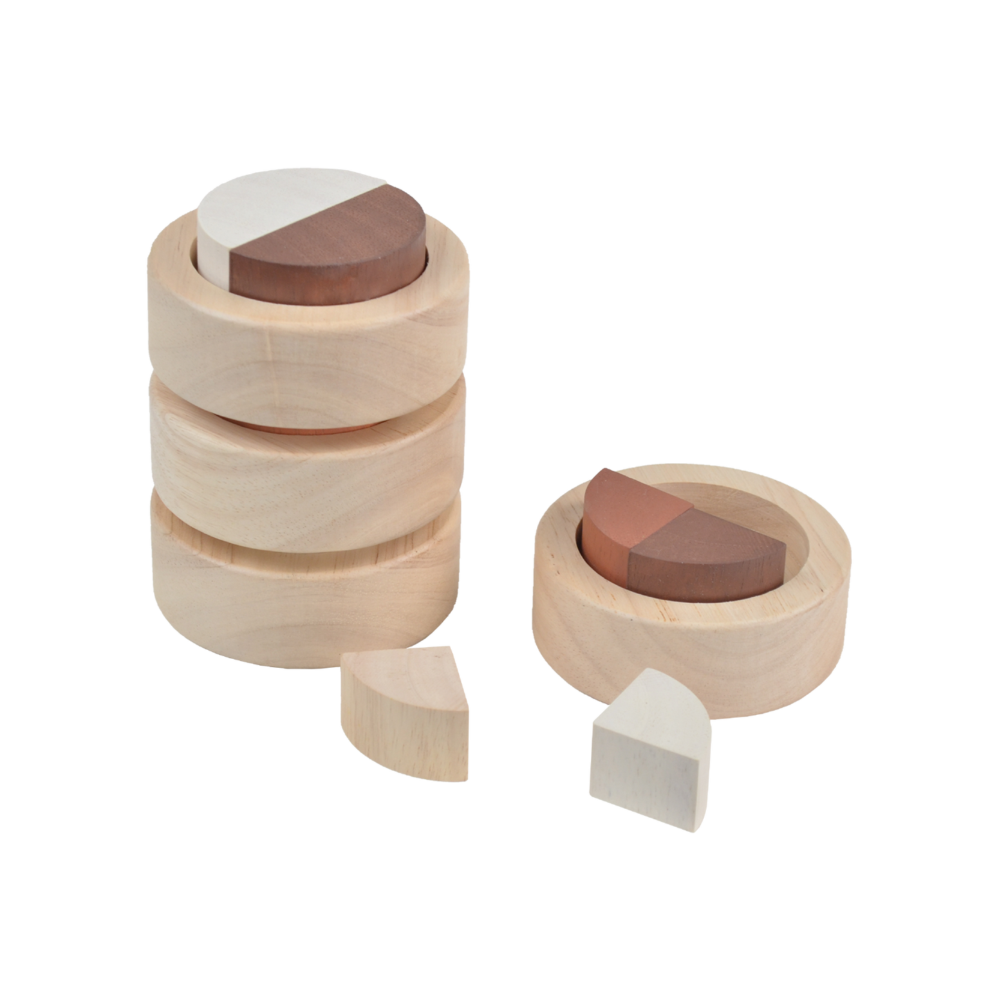 A set of wooden stacking fraction cups in various sizes geometric shapes inside them.