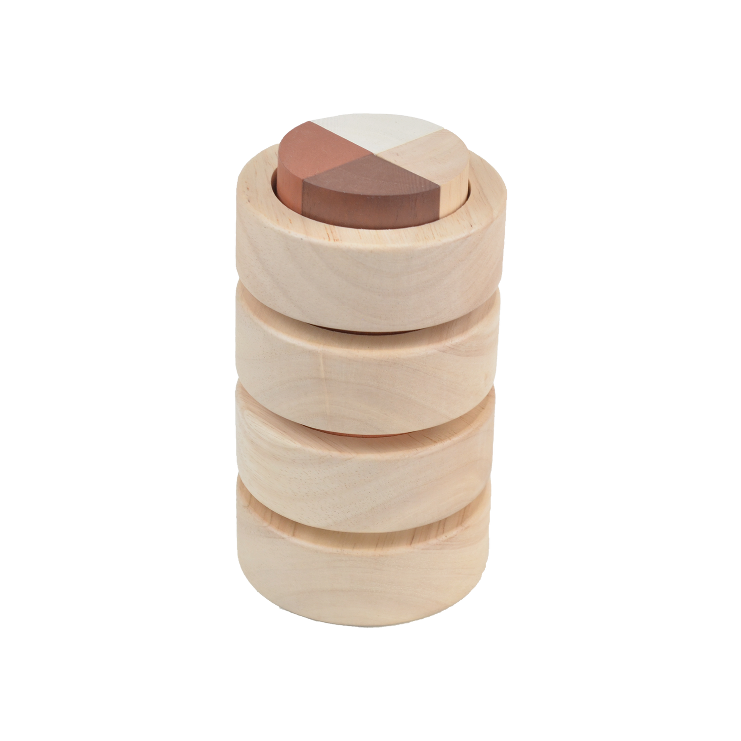 A set of wooden stacking fraction cups in various sizes geometric shapes inside them.