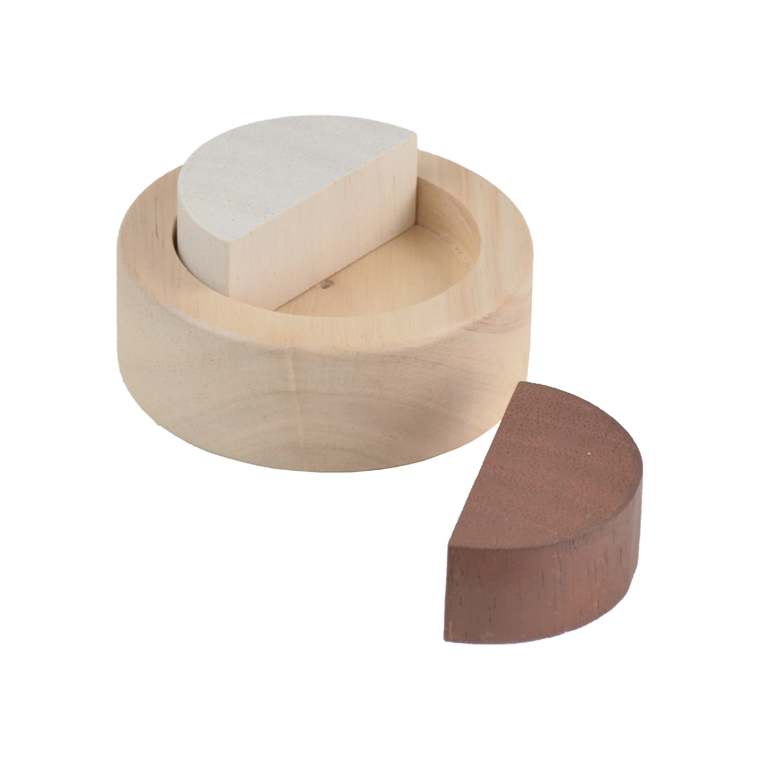 A set of wooden stacking fraction cups in various sizes geometric shapes inside them.