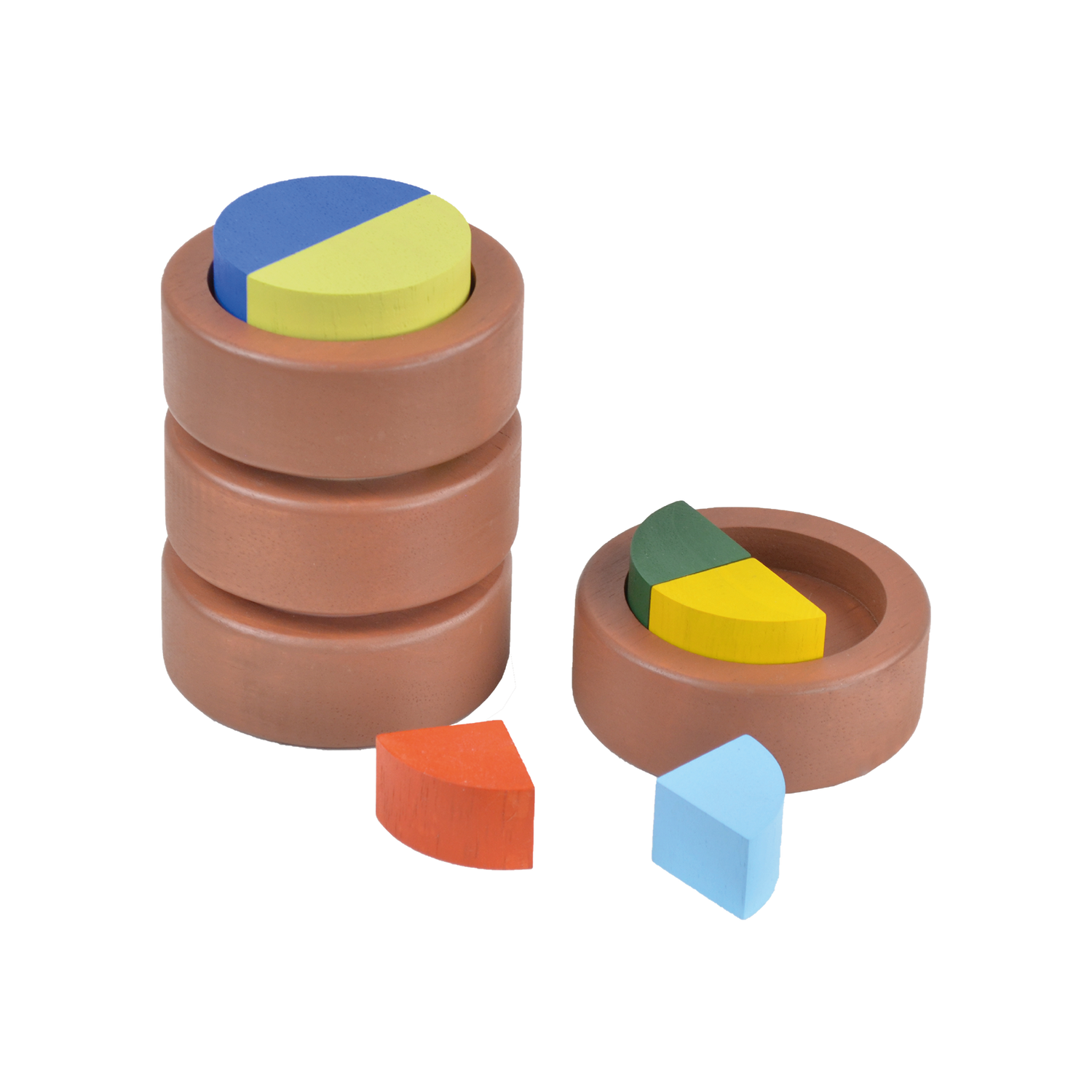 A set of wooden stacking fraction cups in various sizes with geometric cut-outs, intended for educational and mathematical play.