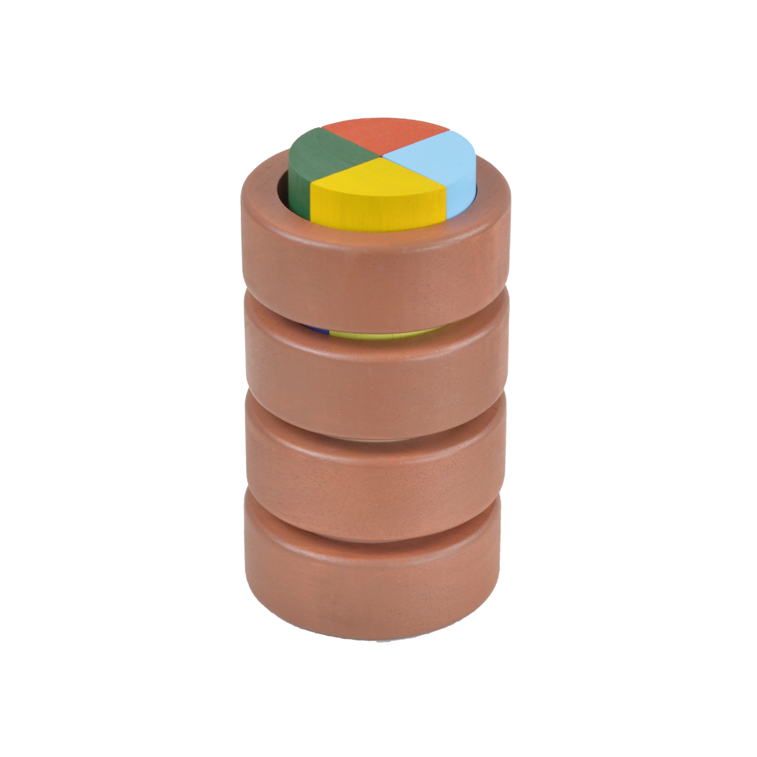 A set of wooden stacking fraction cups in various sizes with colorful geometric shapes inside them.