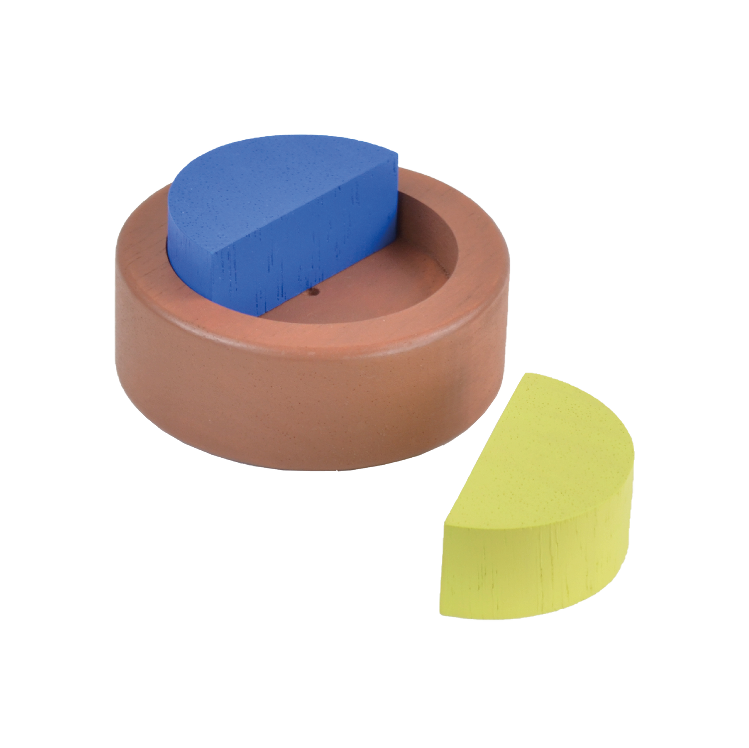 A set of wooden stacking fraction cups in various sizes with colorful geometric shapes inside them.