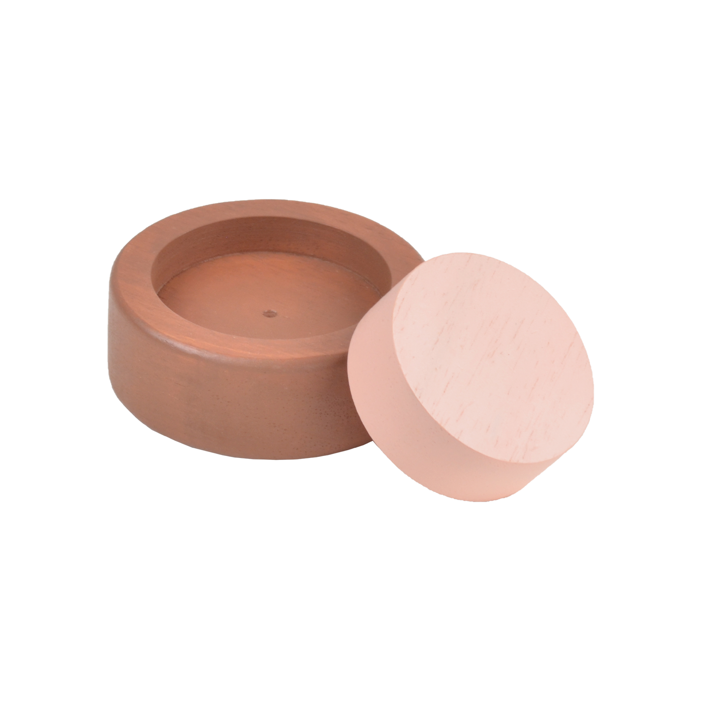 A set of wooden stacking fraction cups in various sizes with colorful geometric shapes inside them.