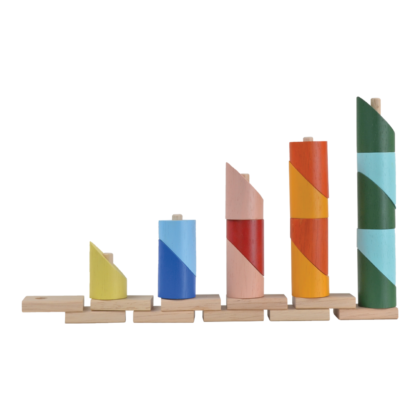 Wooden stacking toy with colorful sliced cylinders on individual rods of different heights. Each rod holds a different number of pieces and can be linked together to form a long chain.