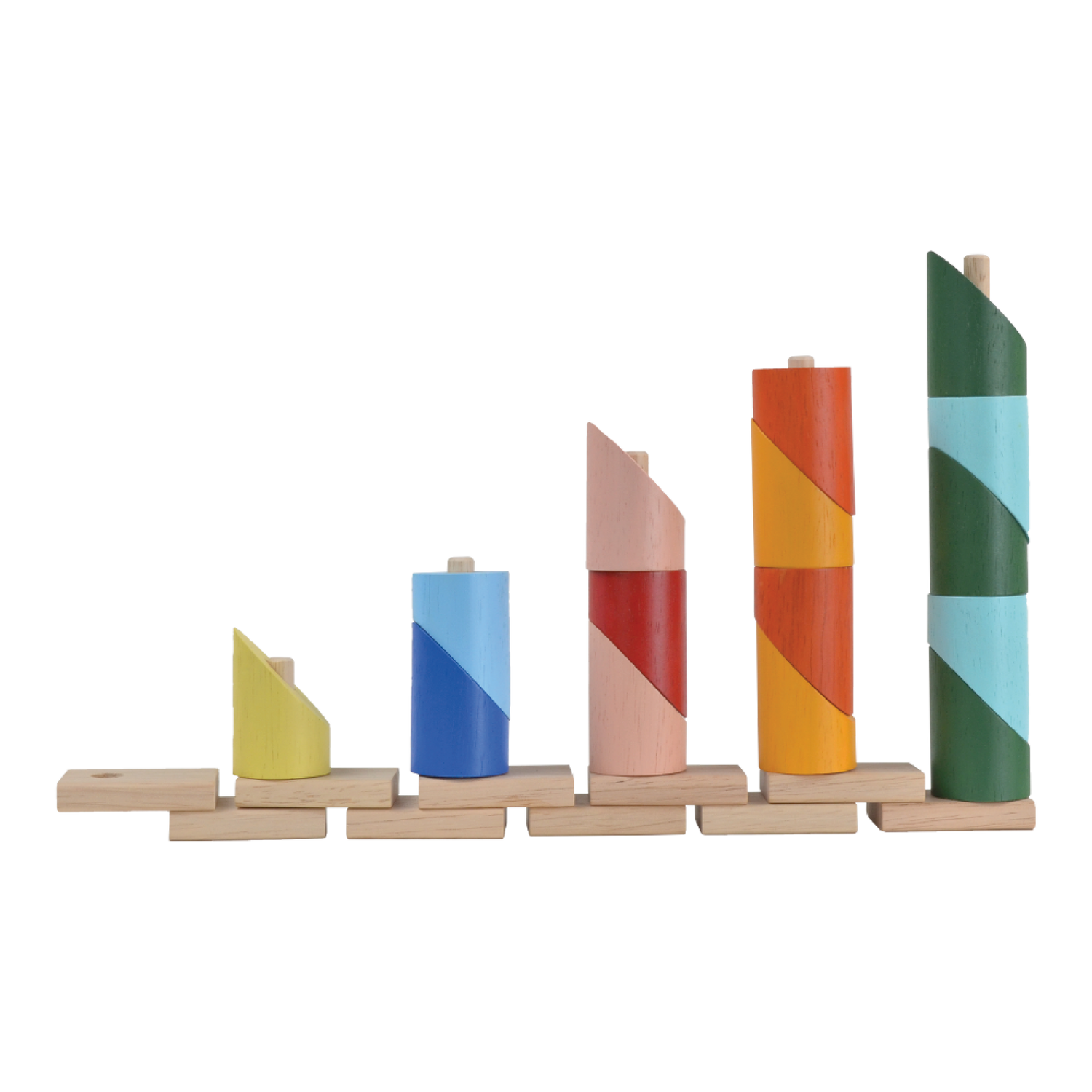 Wooden stacking toy with colorful sliced cylinders on individual rods of different heights. Each rod holds a different number of pieces and can be linked together to form a long chain.