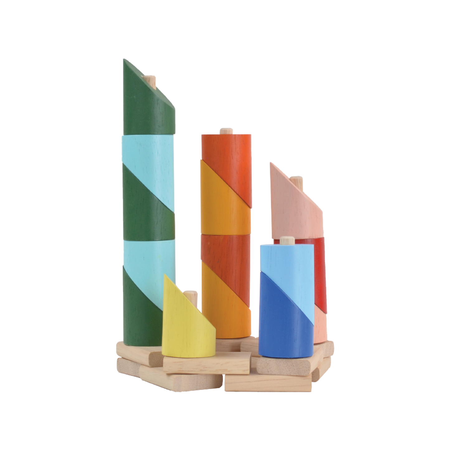 Wooden stacking toy with colorful sliced cylinders on individual rods of different heights. Each rod holds a different number of pieces and can be linked together to form a long chain.