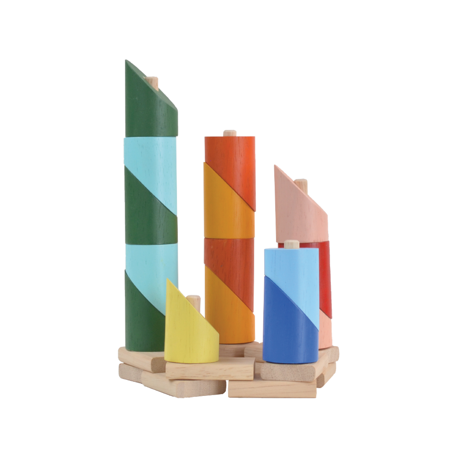 Wooden stacking toy with colorful sliced cylinders on individual rods of different heights. Each rod holds a different number of pieces and can be linked together to form a long chain.