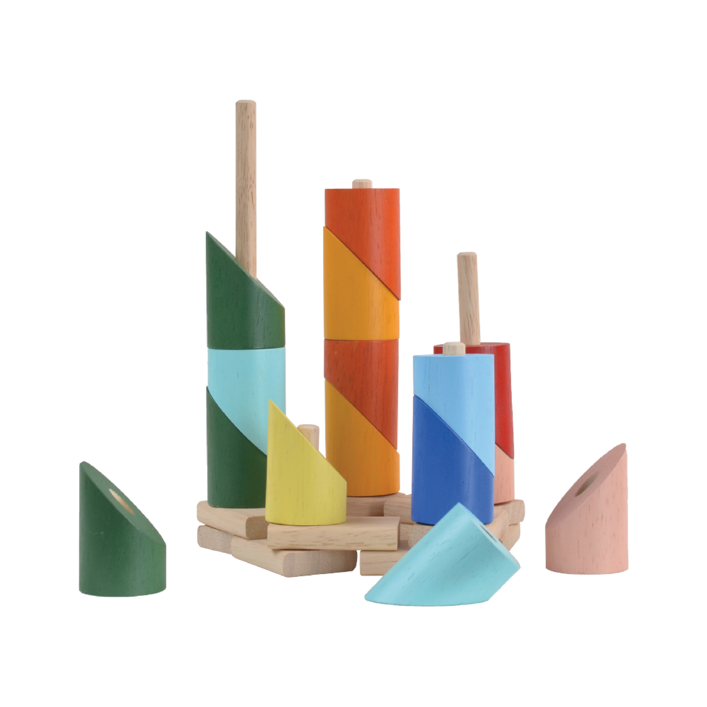 Wooden stacking toy with colorful sliced cylinders on individual rods of different heights. Each rod holds a different number of pieces and can be linked together to form a long chain.