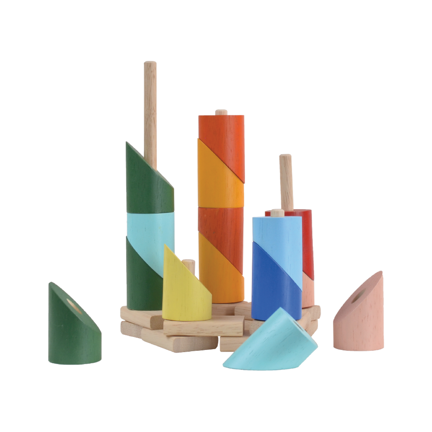 Wooden stacking toy with colorful sliced cylinders on individual rods of different heights. Each rod holds a different number of pieces and can be linked together to form a long chain.