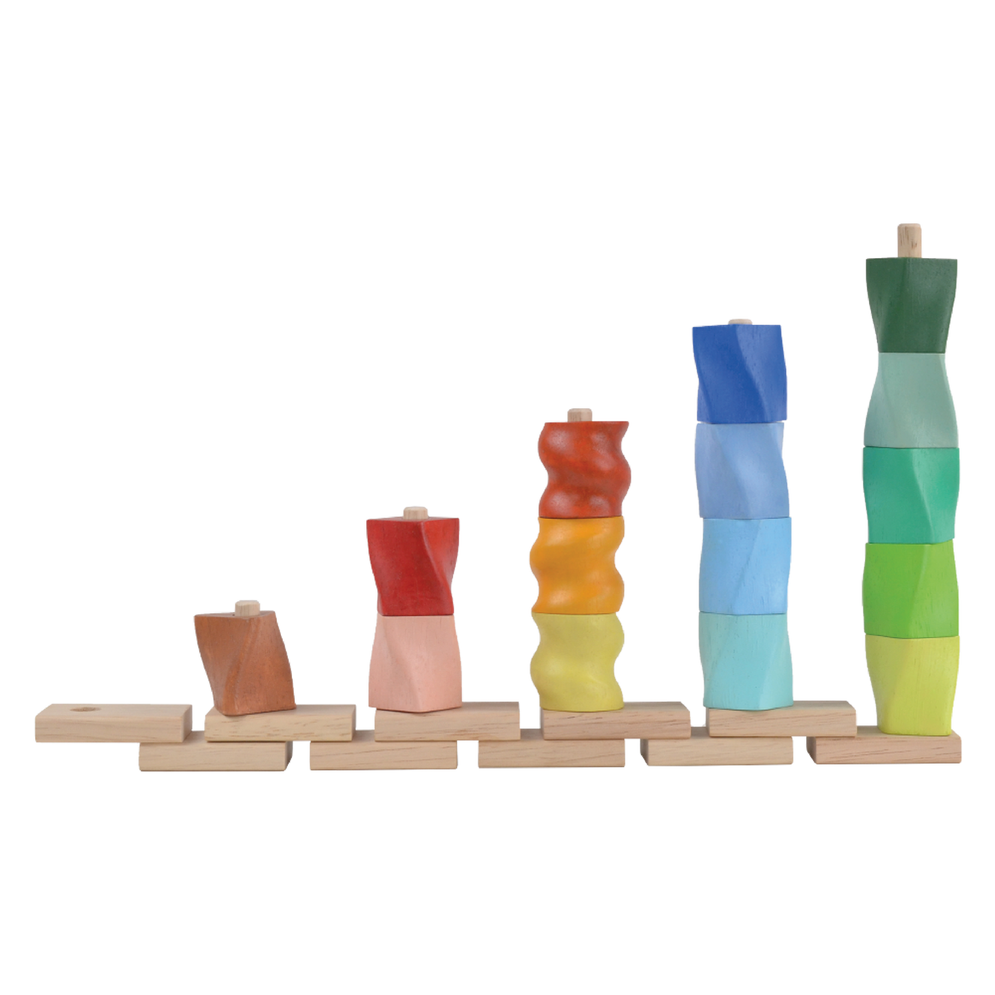 A set of colorful twisted geometric shapes placed on height rods, with the shortest rod for a yellow piece and the highest rod for a green piece, all lined up in a row.