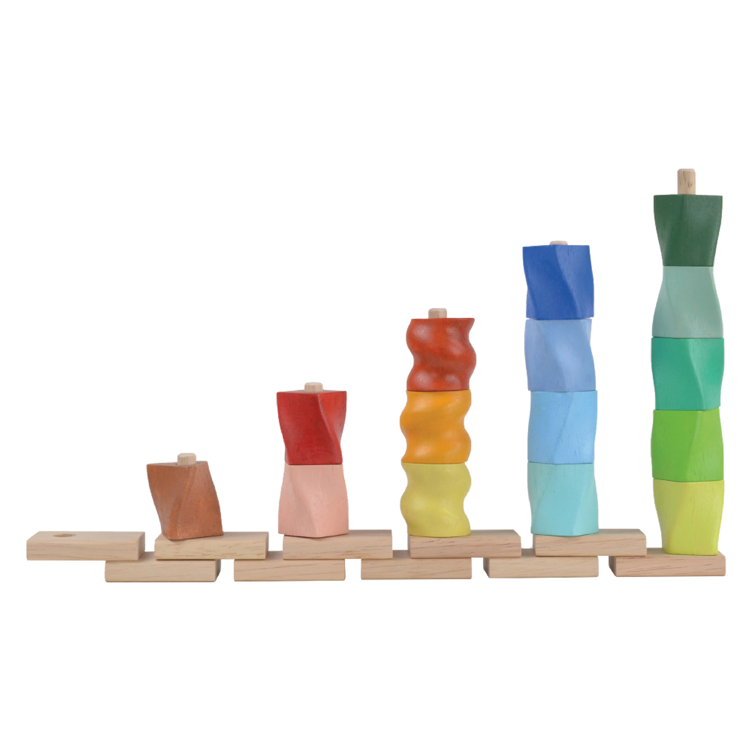 A set of colorful twisted geometric shapes placed on height rods, with the shortest rod for a yellow piece and the highest rod for a green piece, all lined up in a row.