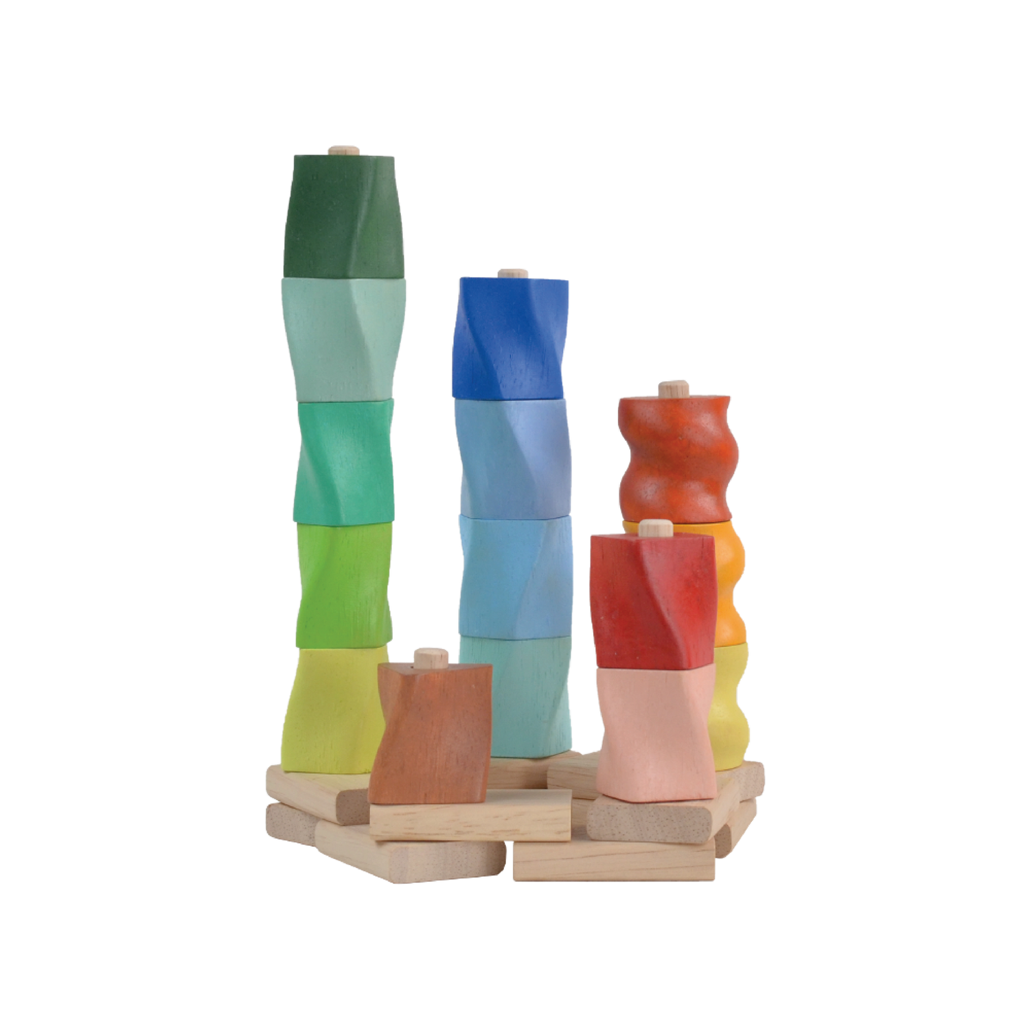 A set of colorful twisted geometric shapes placed on height rods, with the shortest rod for a yellow piece and the highest rod for a green piece, all lined up in a row.