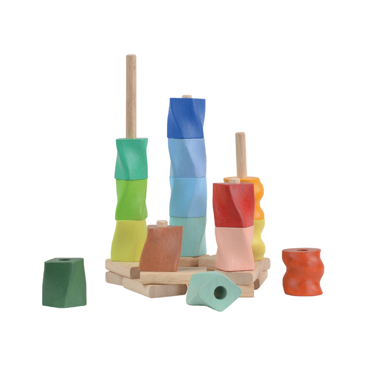 A set of colorful twisted geometric shapes placed on height rods, with the shortest rod for a yellow piece and the highest rod for a green piece, all lined up in a row.