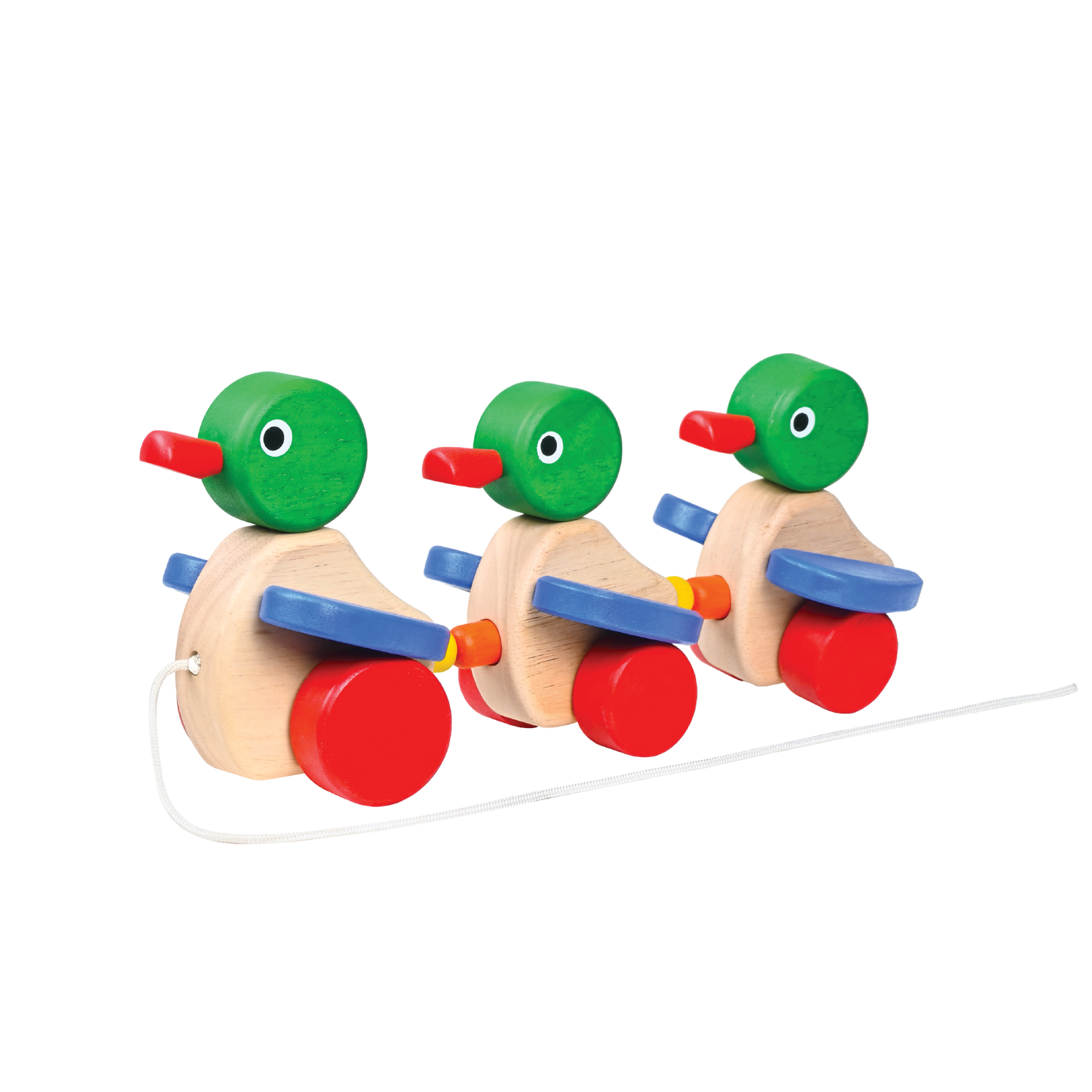 Wooden toy with three ducks on a white background