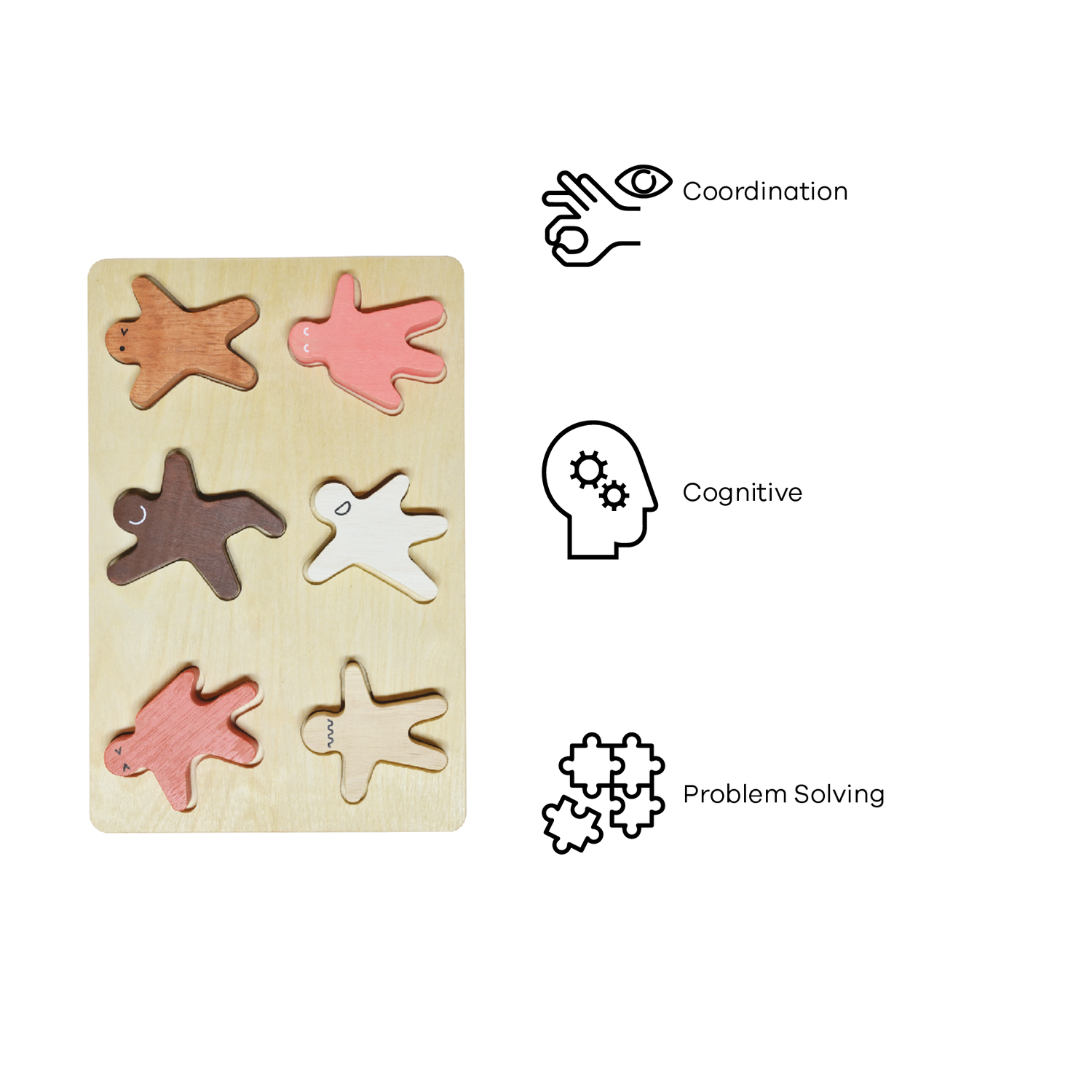 A wooden puzzle with colorful pieces shaped like children standing upright for pretend play and stacking balance.
