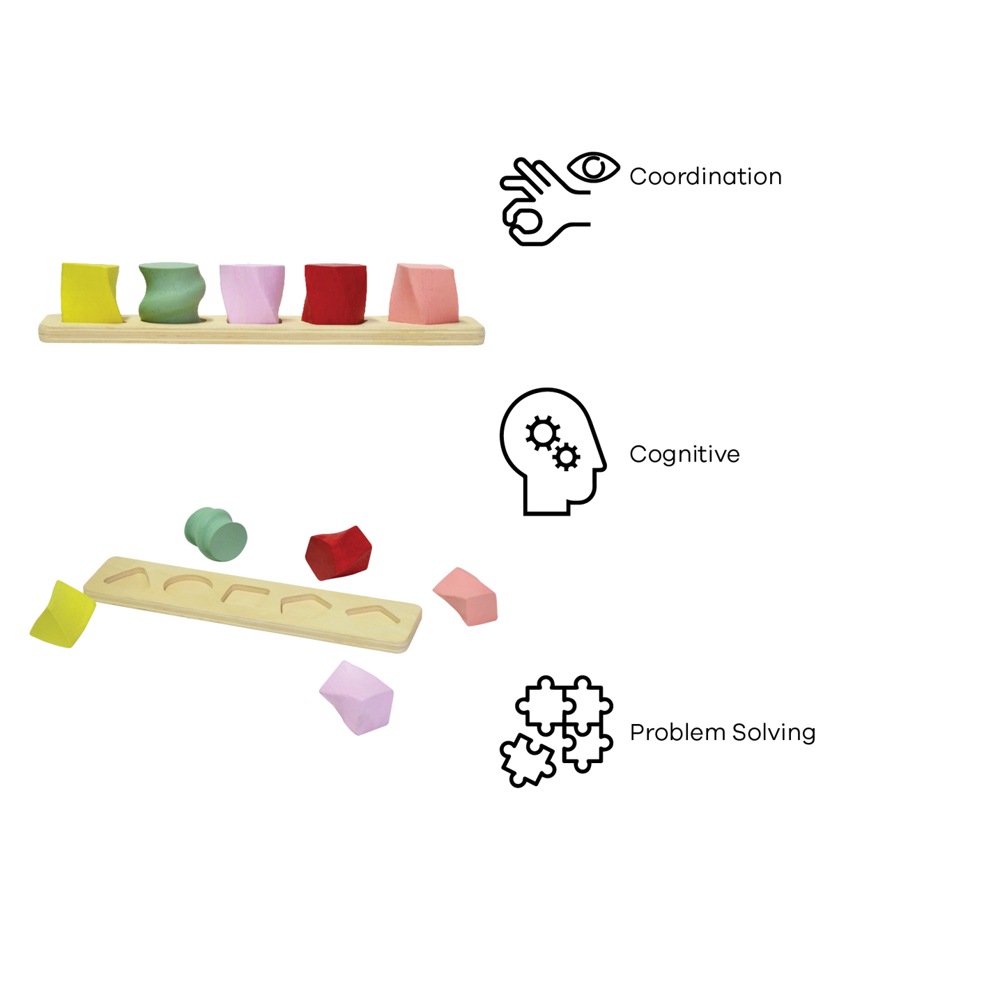 A set of colorful geometric shape sorters on a wooden board. The sorters are in shapes of a sphere, cube, cylinder, cone, and rectangular prism, each a different color.