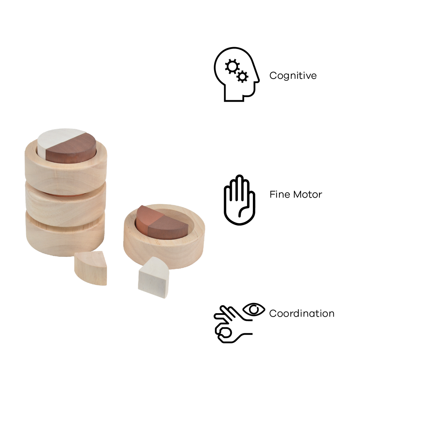 A set of wooden stacking fraction cups in various sizes geometric shapes inside them.