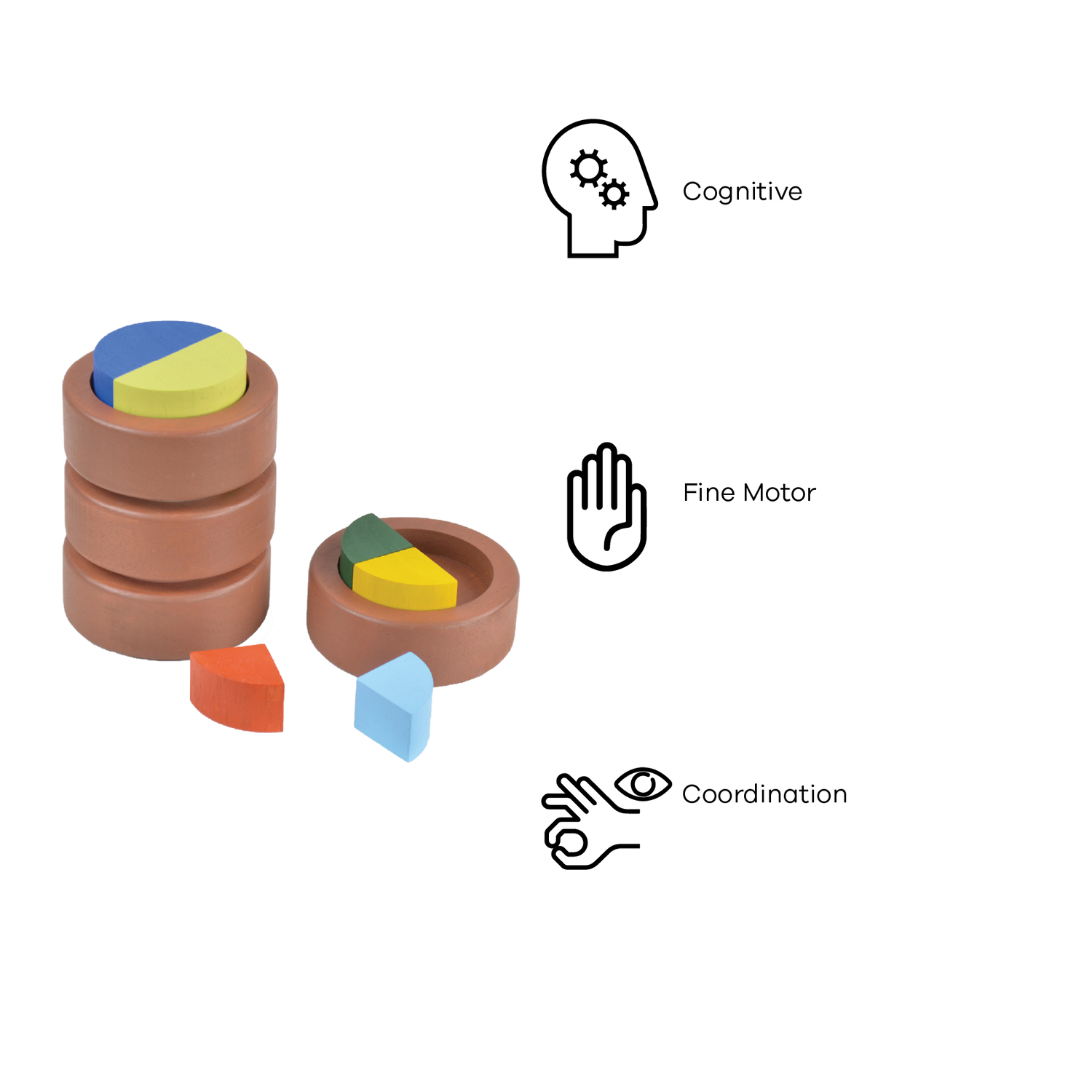 A set of wooden stacking fraction cups in various sizes with colorful geometric shapes inside them.