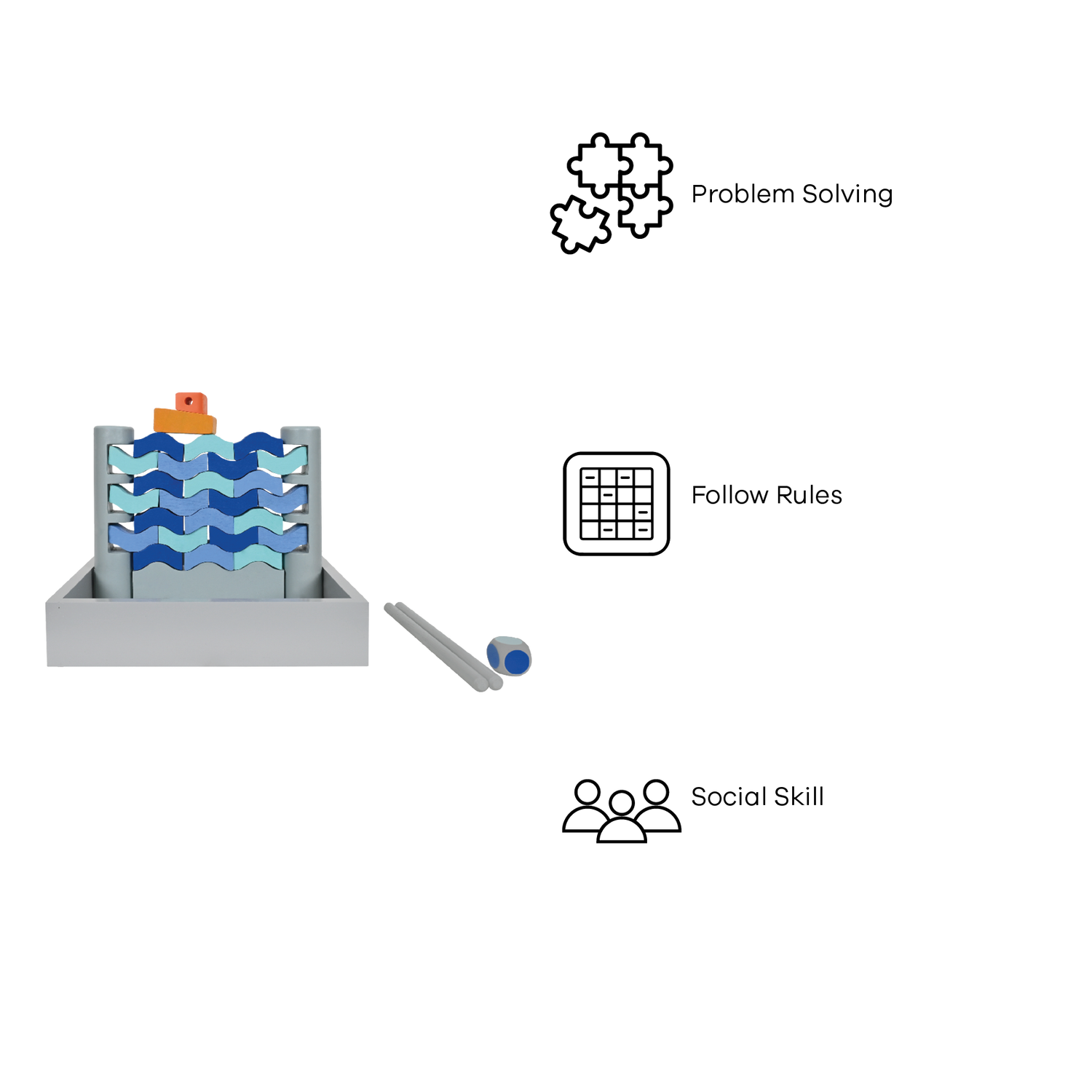 A toy wobbling wall game consisting of a metal frame with a series of blue and gray bricks, and a die with one orange and one blue marker.