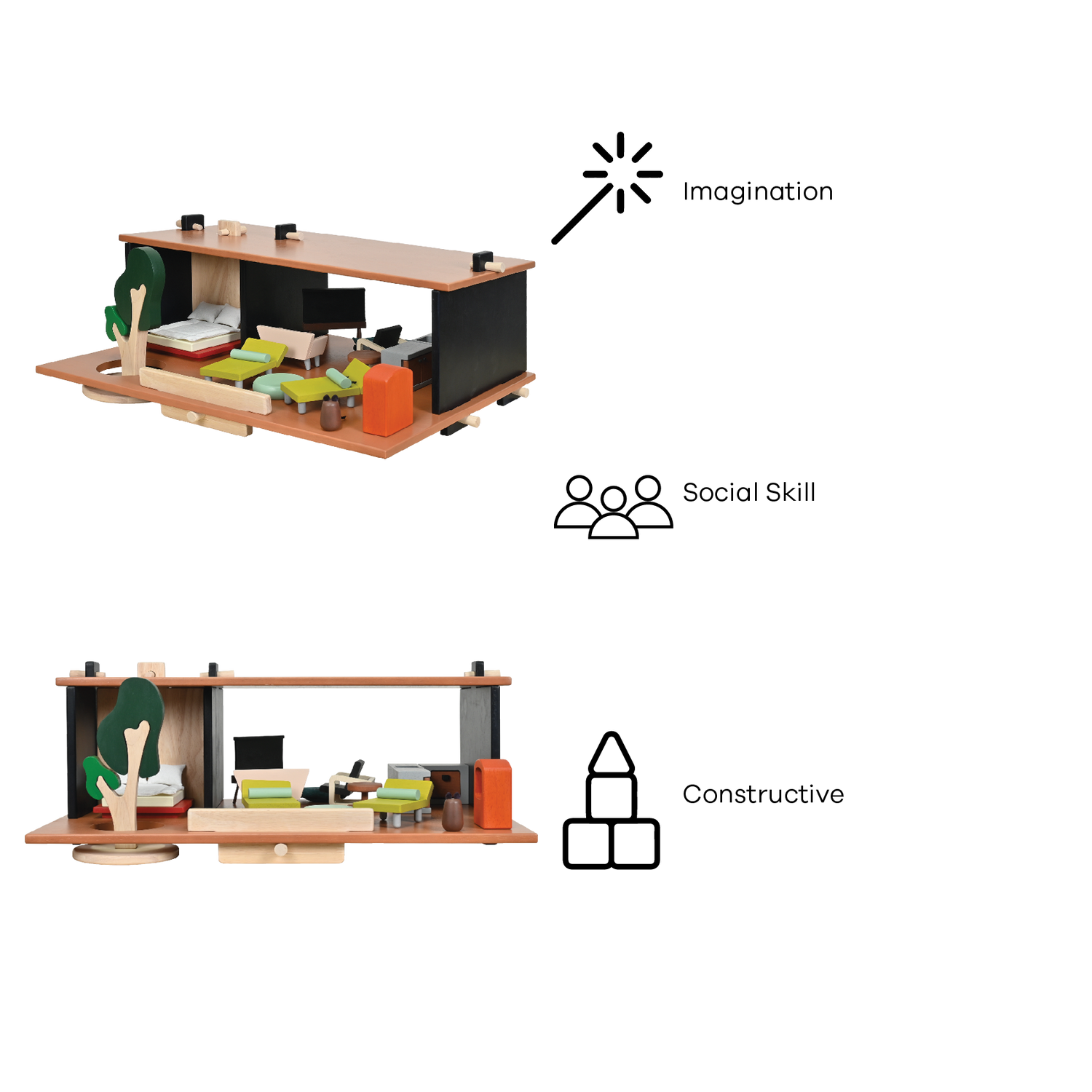 A modern dollhouse with a glass house inspiration, containing modern furniture and minimalist accessories. It is set up with a doll, a cat, and a season change tree.