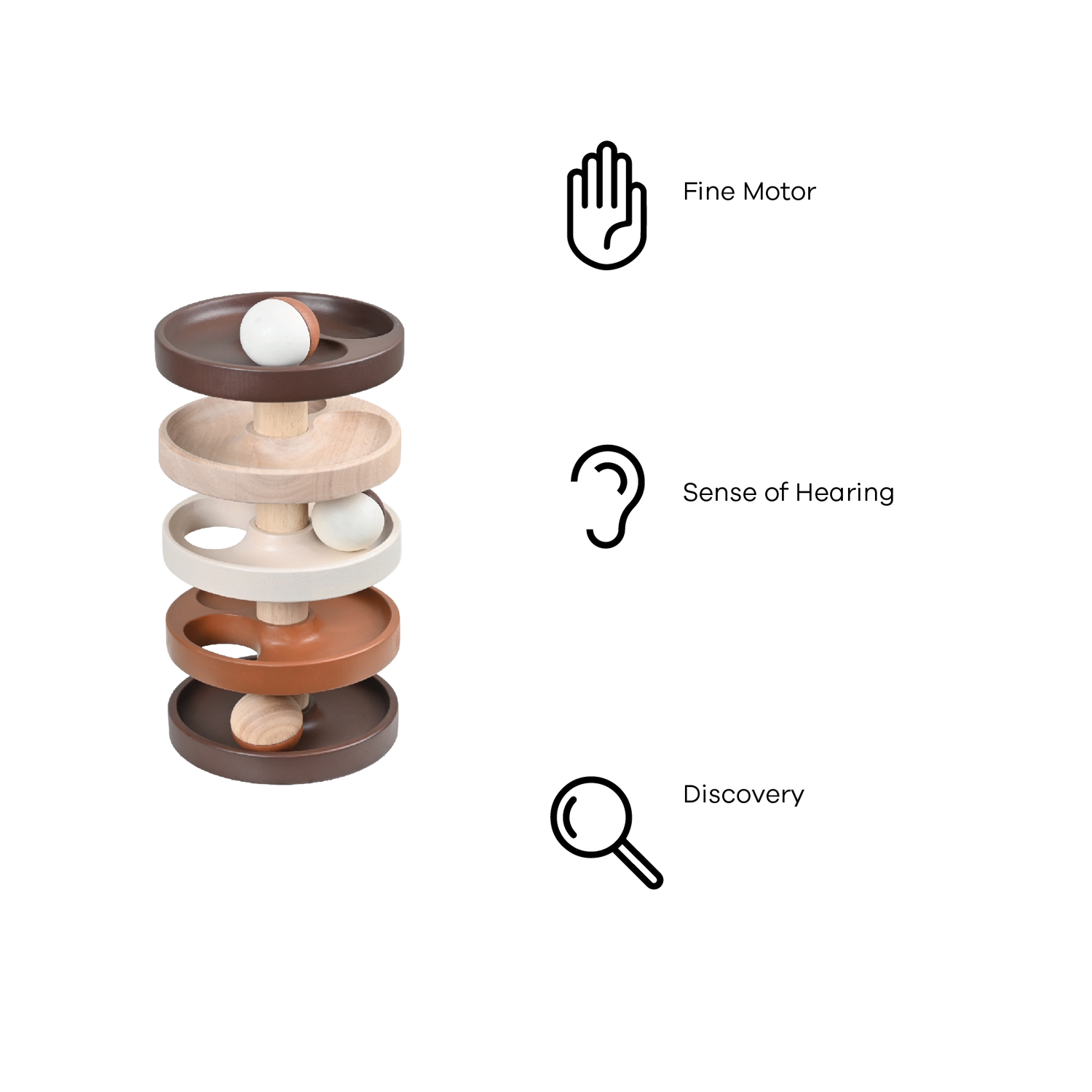 Stack of wooden toys with different colored rings on a white background