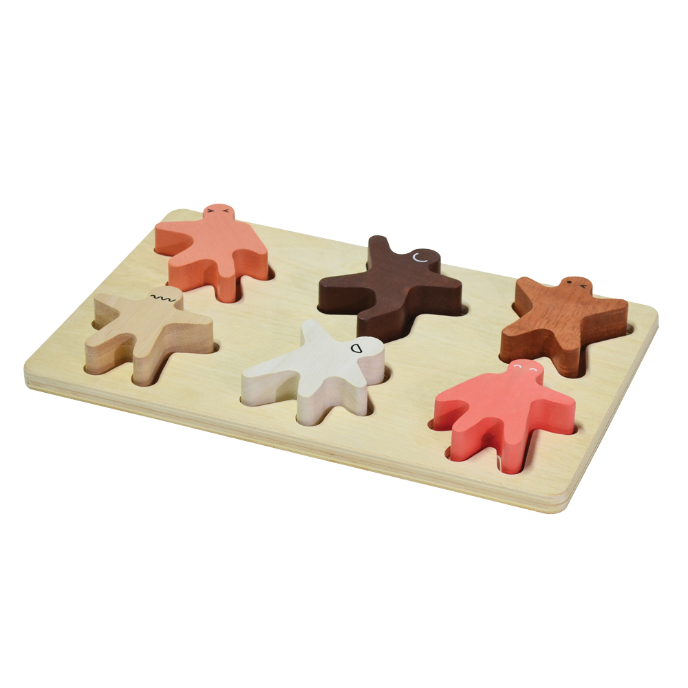 A wooden puzzle with colorful pieces shaped like children standing upright for pretend play and stacking balance.