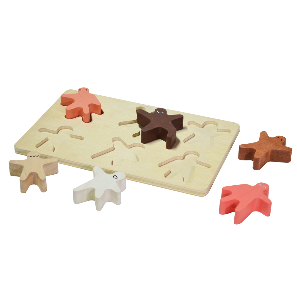 A wooden puzzle with colorful pieces shaped like children standing upright for pretend play and stacking balance.
