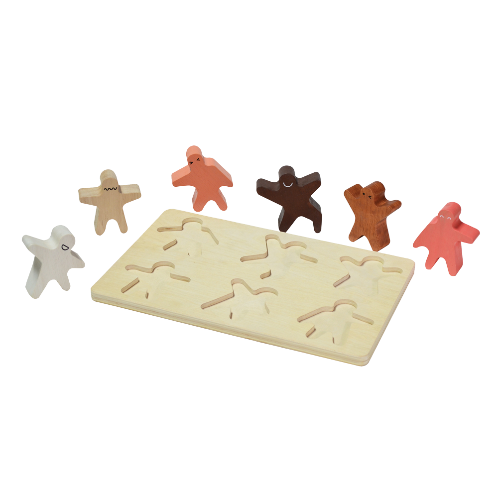 A wooden puzzle with colorful pieces shaped like children standing upright for pretend play and stacking balance.