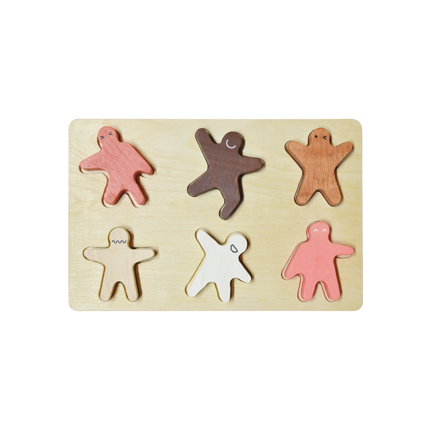 A wooden puzzle with colorful pieces shaped like children standing upright for pretend play and stacking balance.