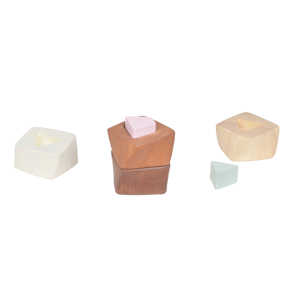 A twisted square column toy with geometric shapes in different colors.